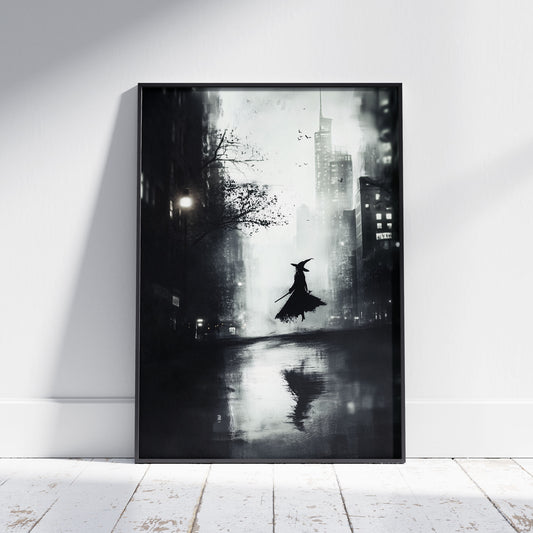 A moody, black and white digital painting of a witch's silhouette levitating in the middle of a rainy, modern city street. The witch wears a pointed hat and holds a staff, her reflection visible on the wet pavement below. Towering skyscrapers loom in the background under a hazy sky.