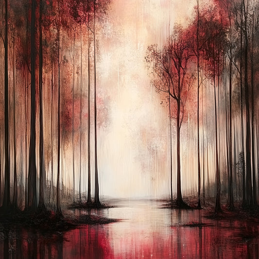 Gothic Forest Art Print, Moody Red and Black Landscape Poster