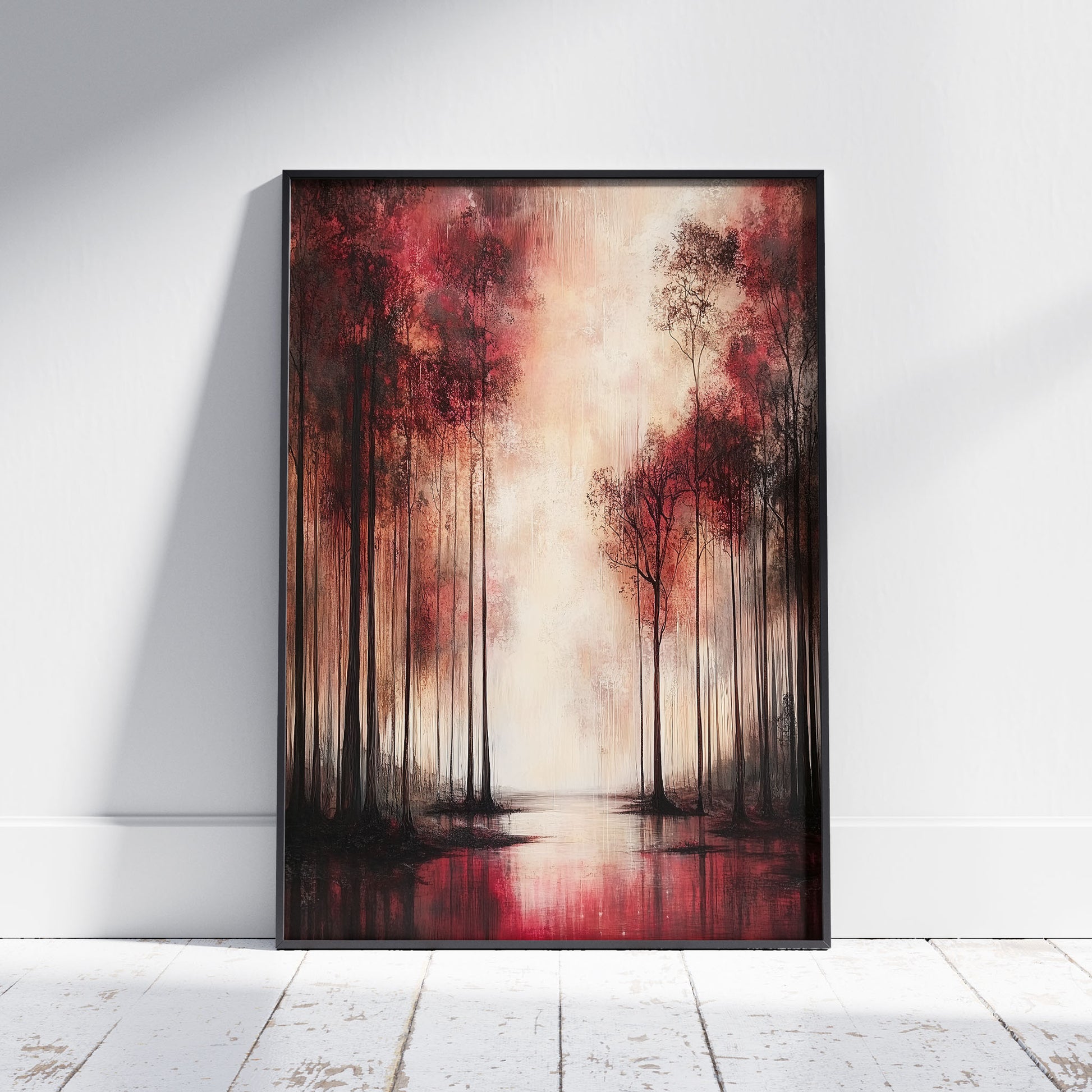 An abstract painting of a moody forest with tall, dark trees and vibrant red foliage. A bright, creamy light glows from the center, reflecting in a dark red body of water in the foreground.