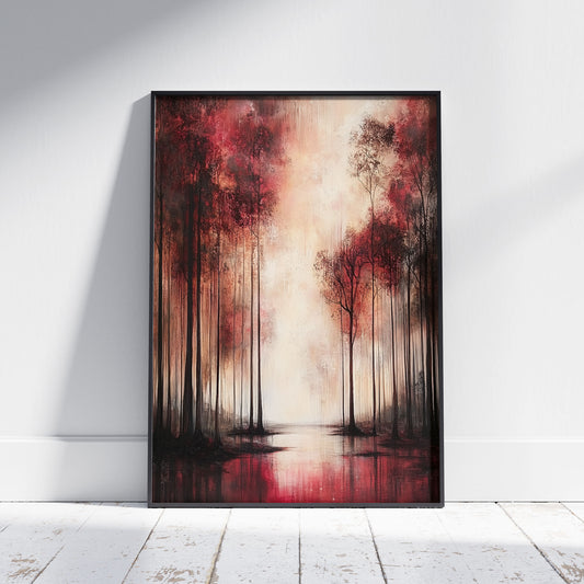 An abstract painting of a moody forest with tall, dark trees and vibrant red foliage. A bright, creamy light glows from the center, reflecting in a dark red body of water in the foreground.