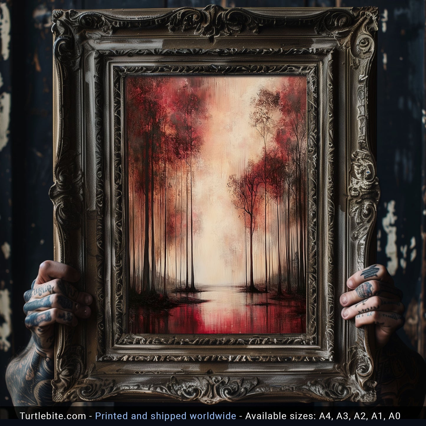 Gothic Forest Art Print, Moody Red and Black Landscape Poster