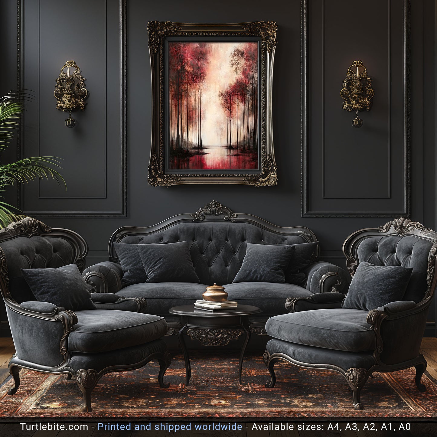 Gothic Forest Art Print, Moody Red and Black Landscape Poster