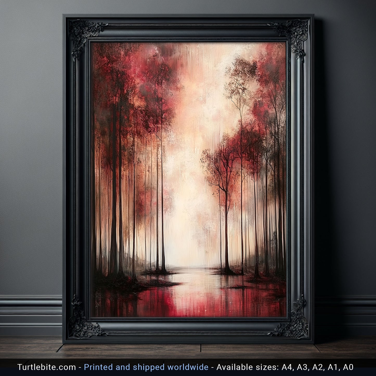 Gothic Forest Art Print, Moody Red and Black Landscape Poster