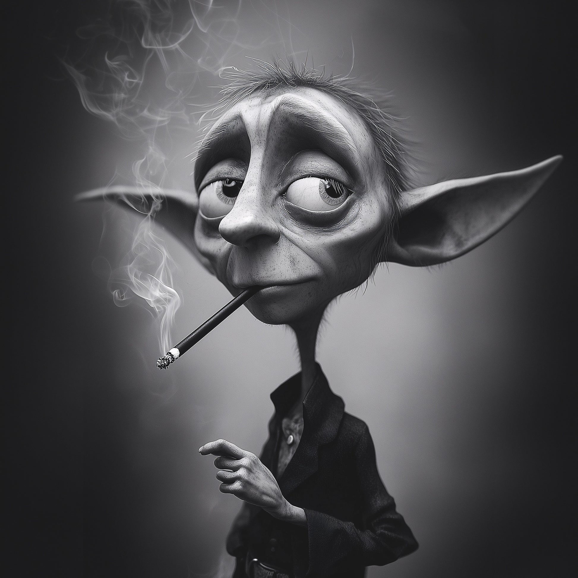 A highly detailed, black and white digital art portrait of a fantasy goblin-like creature with large, pointed ears and weary eyes. The creature has a long, thin neck and is smoking a cigarette, with smoke curling up around its head. It is dressed in a dark jacket, embodying a moody, noir aesthetic.