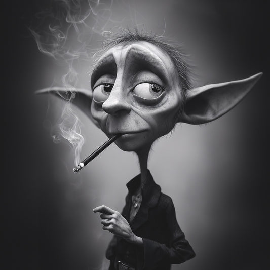 A highly detailed, black and white digital art portrait of a fantasy goblin-like creature with large, pointed ears and weary eyes. The creature has a long, thin neck and is smoking a cigarette, with smoke curling up around its head. It is dressed in a dark jacket, embodying a moody, noir aesthetic.