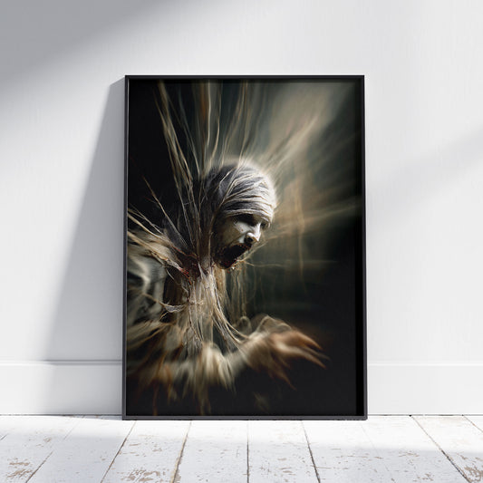 A tormented mummy-like figure with a screaming, open mouth emerges from darkness. Its head is wrapped in tattered bandages, and its body is dissolving into wisps of motion-blurred fabric, creating a sense of chaotic energy and horror.