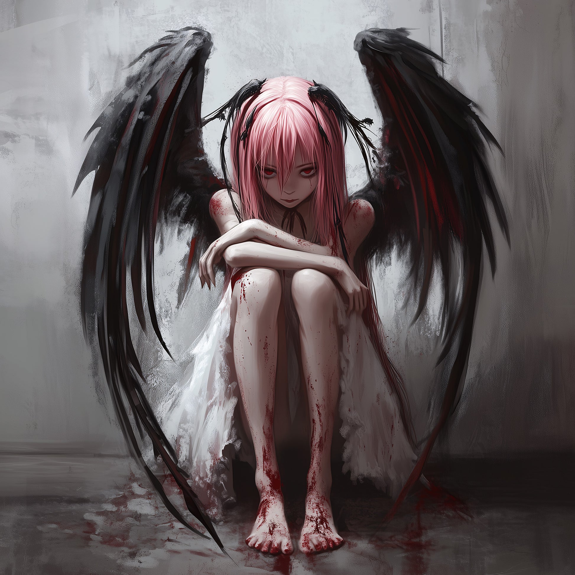 Dark angel art print featuring melancholy fallen angel with pink hair and black wings sitting in gothic pose surrounded by red blood splatter on gray background - gothic wall decor poster