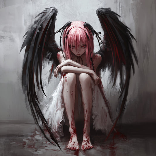 Dark angel art print featuring melancholy fallen angel with pink hair and black wings sitting in gothic pose surrounded by red blood splatter on gray background - gothic wall decor poster