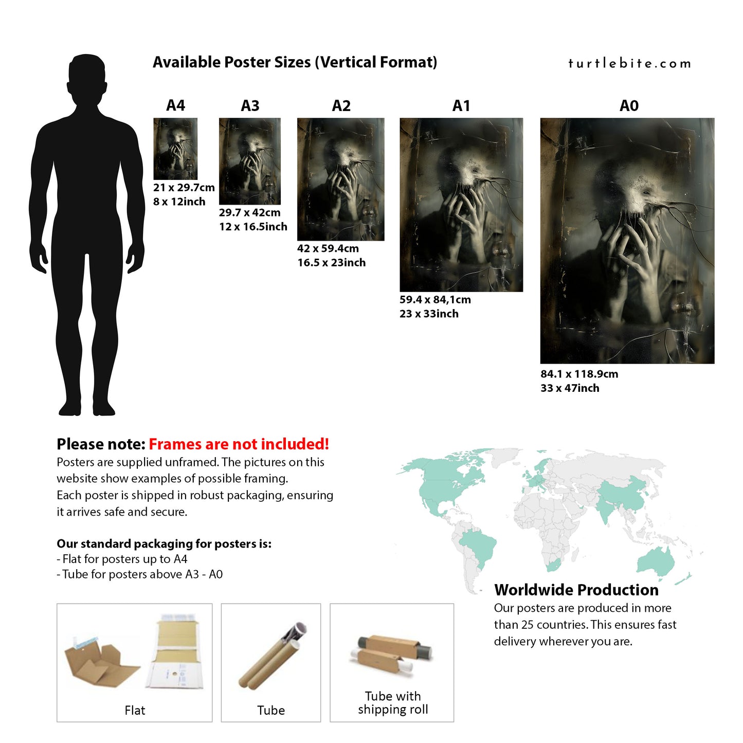 Poster size chart with a silhouette of a person and corresponding poster dimensions.