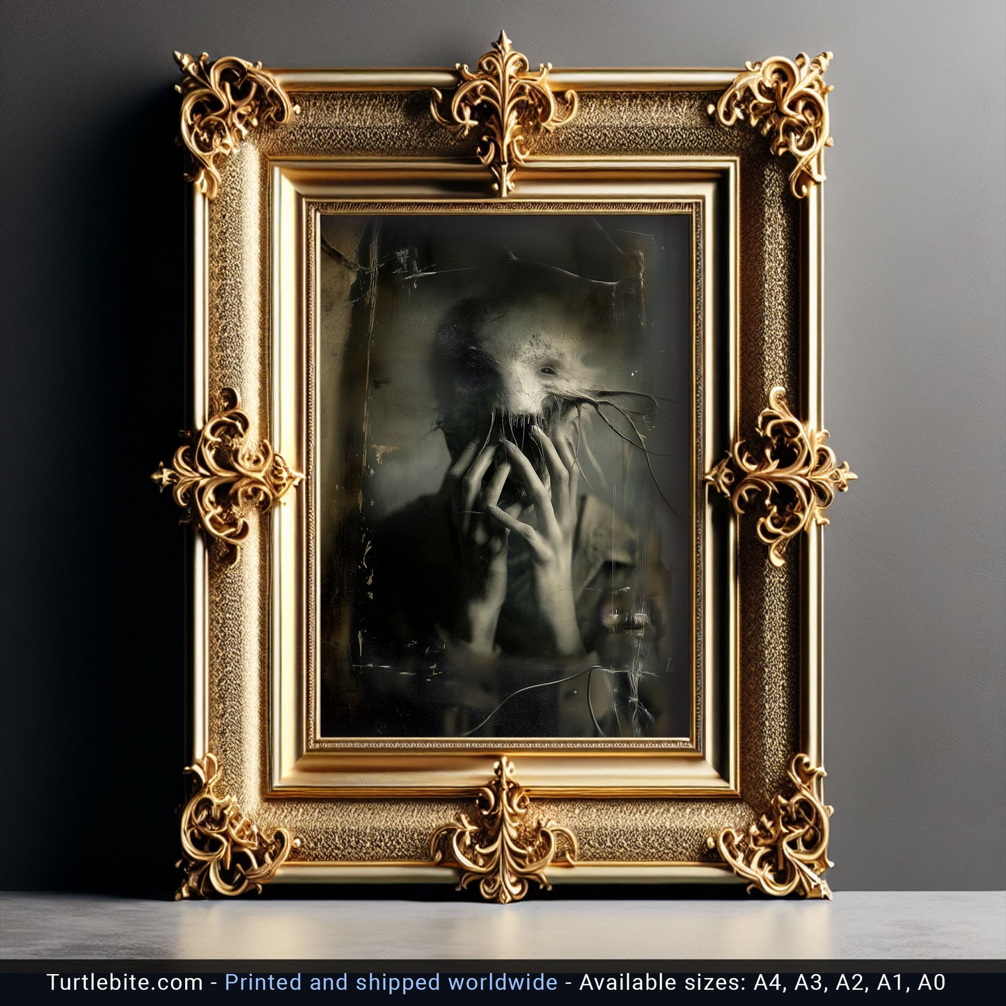 Creepy surreal art print with flowing ghostly figure in shadows, dark aesthetic wall decoration