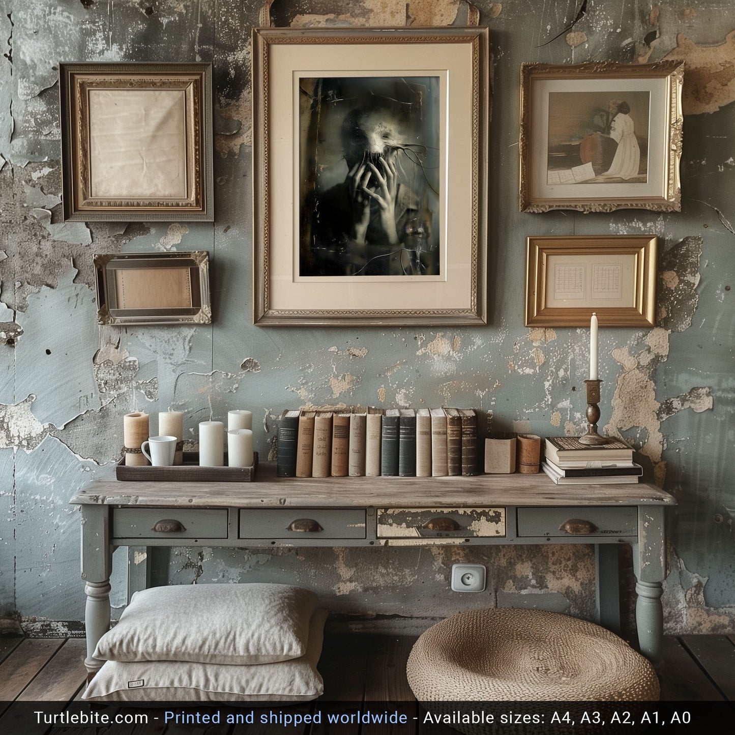 Vintage-style room with framed horror artwork on a textured wall and a wooden table with books and candles.