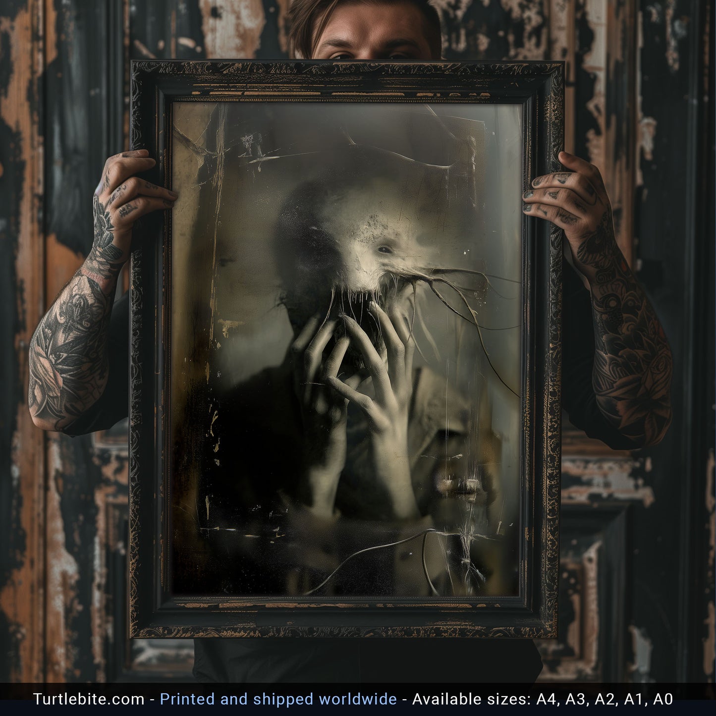 Person holding a framed artwork with a distressed glass surface, featuring a spooky atmospheric print with haunting ghostly form, macabre wall art for gothic interior design