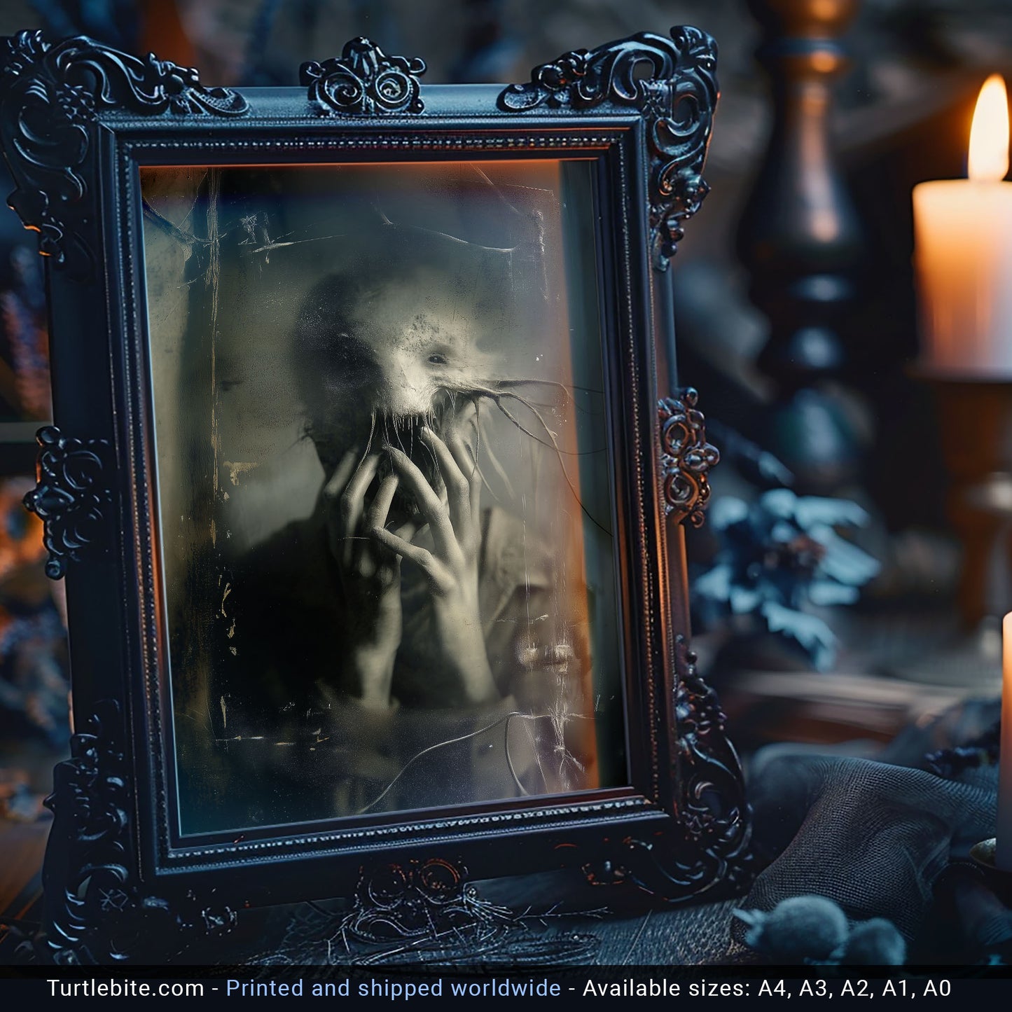 Decorative framed picture with a ghostly horror figure and candlelit ambiance