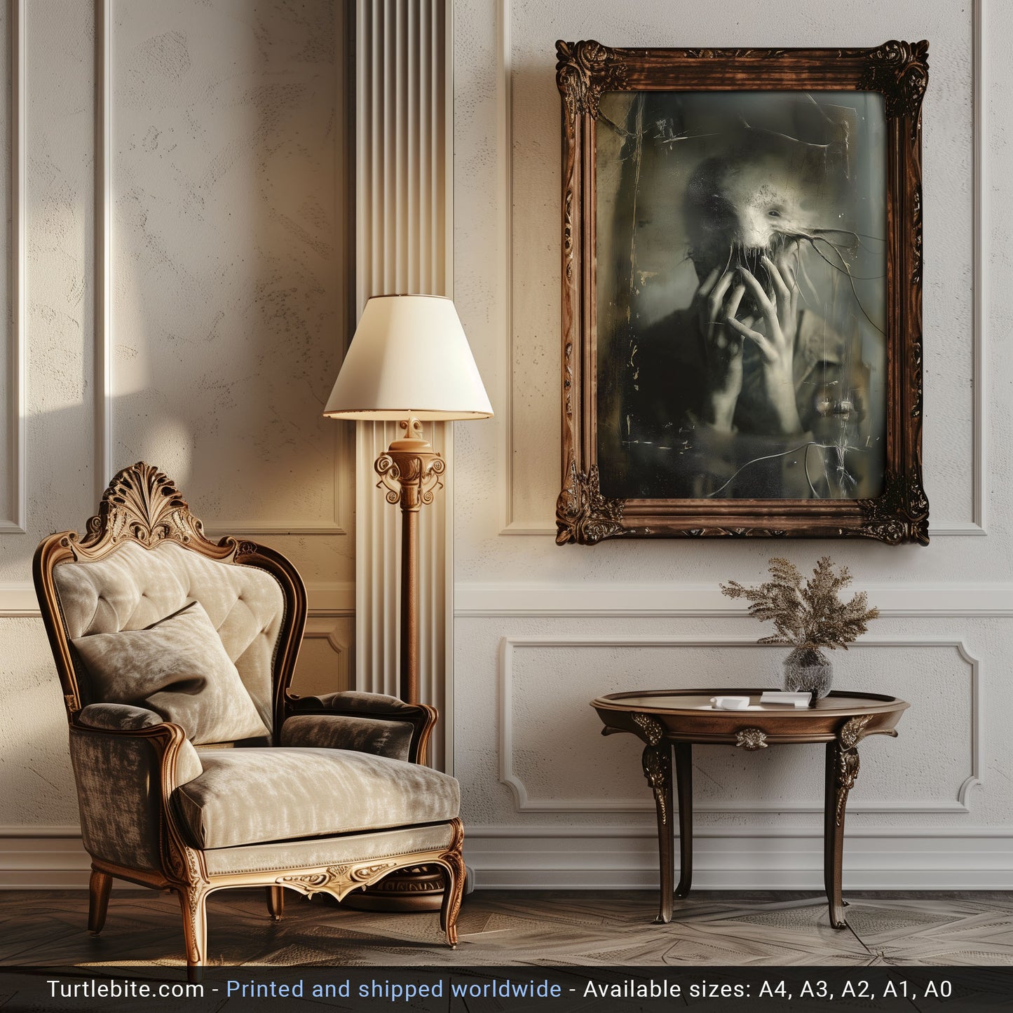 Decorative interior with an ornate armchair, framed artwork, and side table. Dark artistic photograph showing a figure with flowing ethereal features in dramatic shadowy lighting, suitable for gothic wall decoration