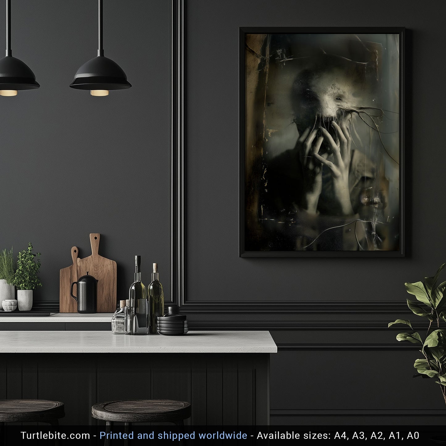 Framed artwork on a dark wall above a kitchen counter with bottles and plants. Eerie dark art poster showing surreal nightmare figure, creepy gothic home decor wall hanging