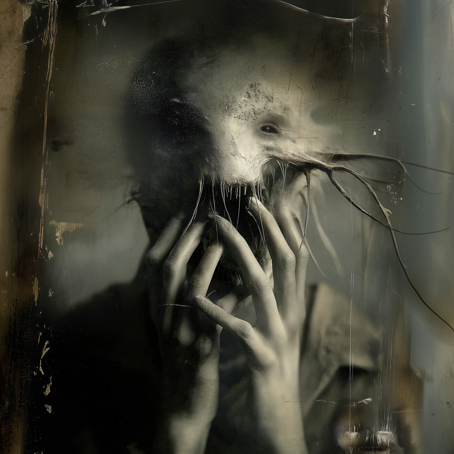Dark gothic nightmare art print with surreal ghostly figure, creepy wall decor for horror enthusiasts