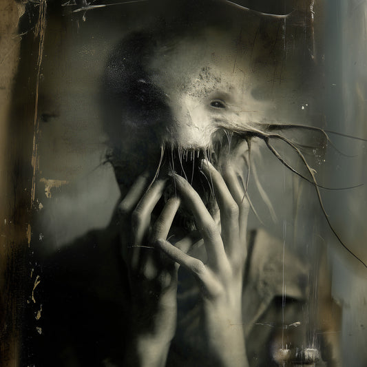 Dark gothic nightmare art print with surreal ghostly figure, creepy wall decor for horror enthusiasts