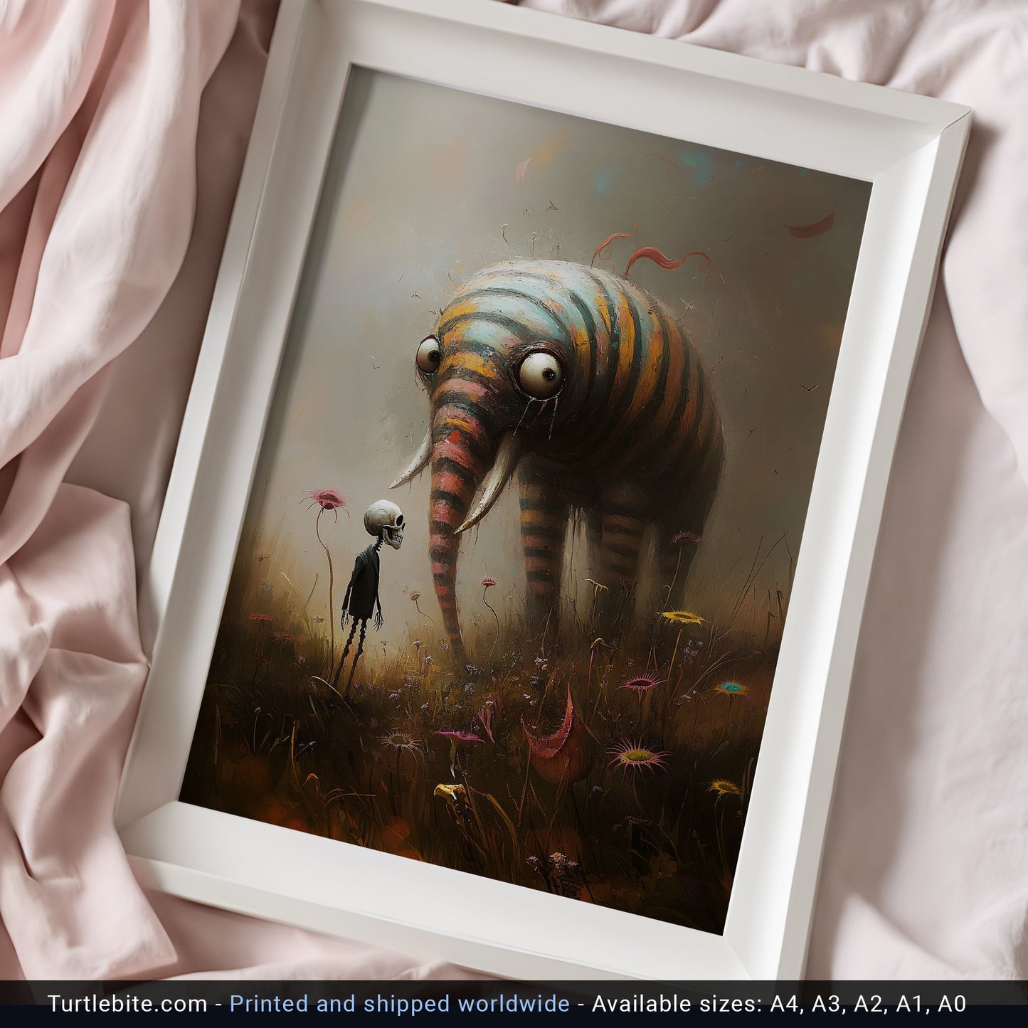 Surreal Elephant Art Print, Whimsical Striped Creature & Skeleton in a Field, Dark Fantasy Wall Decor, Gothic Macabre Poster Gift