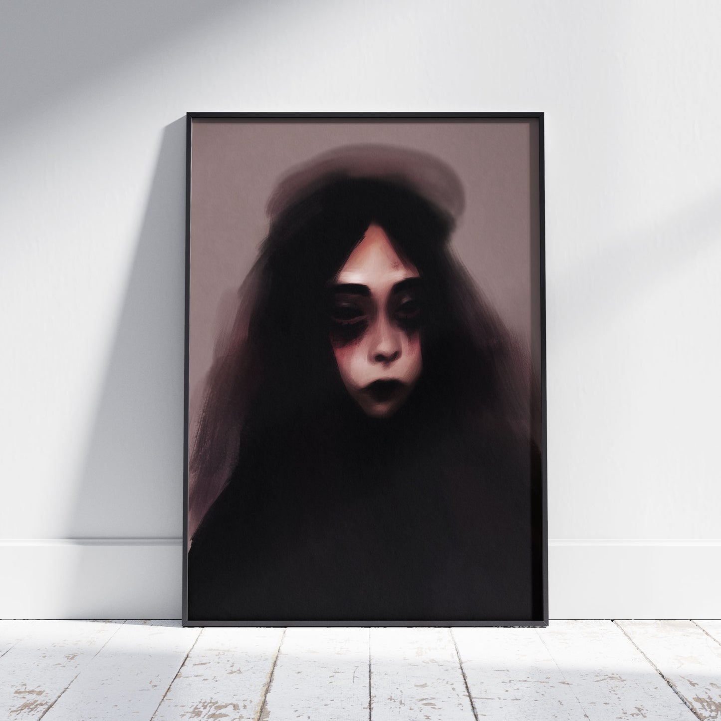 Dark gothic art print showing ethereal female figure with long black hair and shadowy eyes emerging from misty background, perfect for spooky wall decor