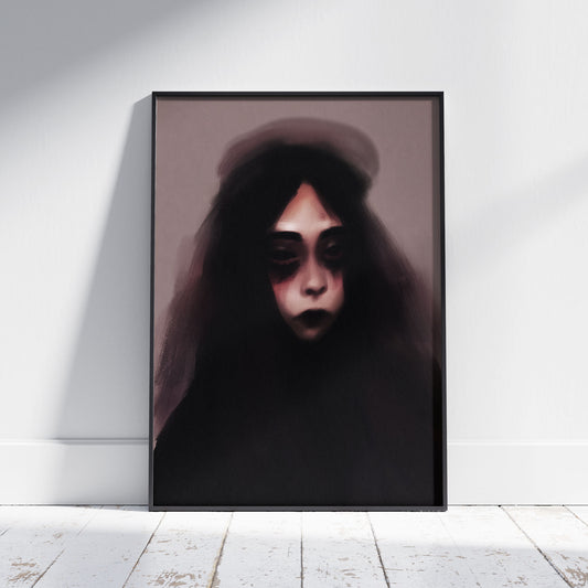 Dark gothic art print showing ethereal female figure with long black hair and shadowy eyes emerging from misty background, perfect for spooky wall decor