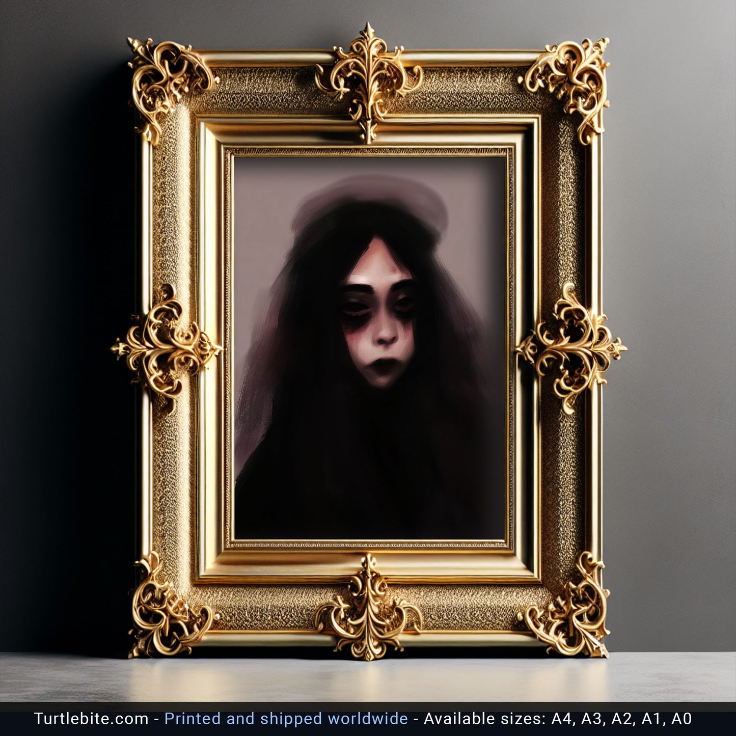 Creepy dark art print showing haunting female face with sunken eyes emerging from smoky gray background, perfect for gothic home decoration
