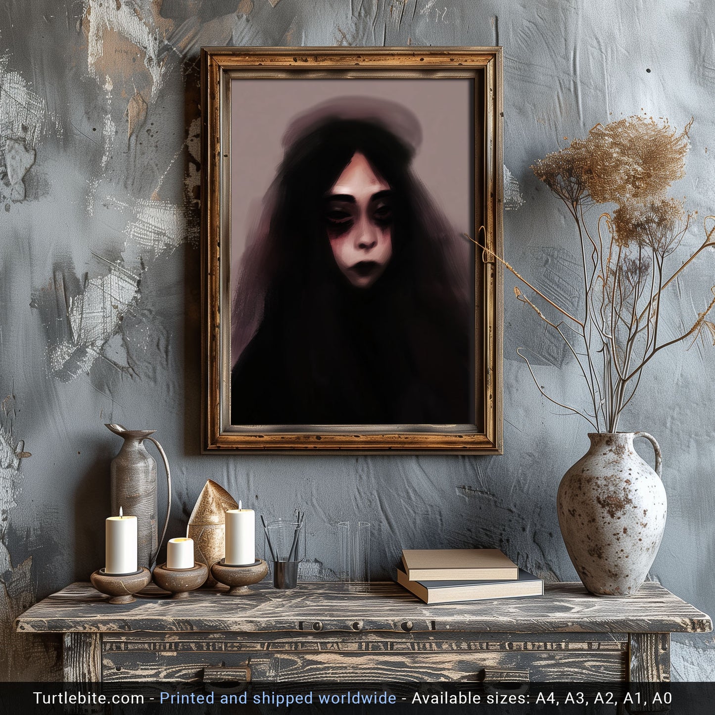 ror art print featuring ghostly female figure with deep-set dark eyes and black hair shrouded in ethereal fog, great for spooky room decor