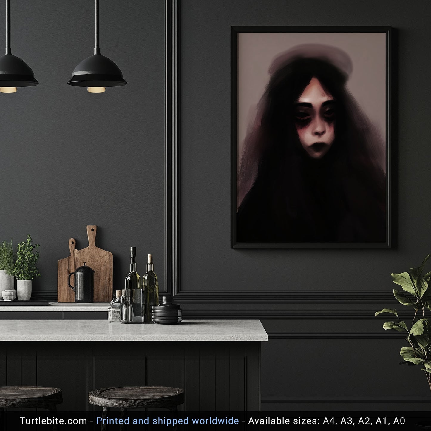 Eerie portrait artwork depicting mysterious woman with shadowy hollow eyes and flowing dark hair in atmospheric mist for macabre wall art