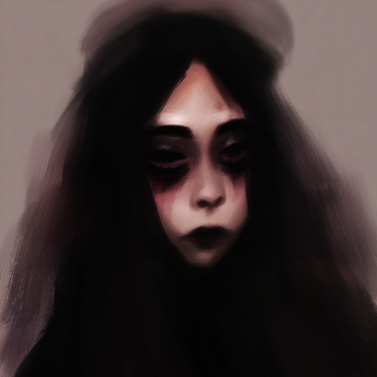 Spooky gothic portrait art featuring woman with hollow dark eyes and long black hair in misty shadows, ideal for horror themed wall decor