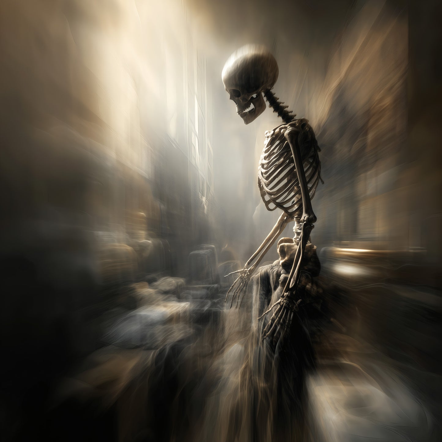 Victorian gothic skeleton poster with dramatic motion blur and warm lighting - macabre home decor art print