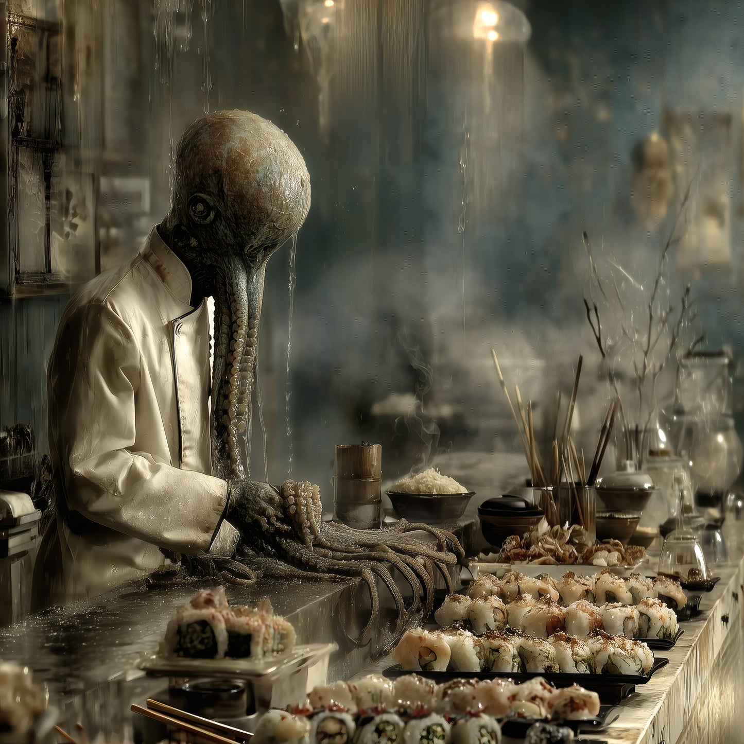 Dark art print featuring tentacled monster chef making sushi in moody gothic kitchen setting