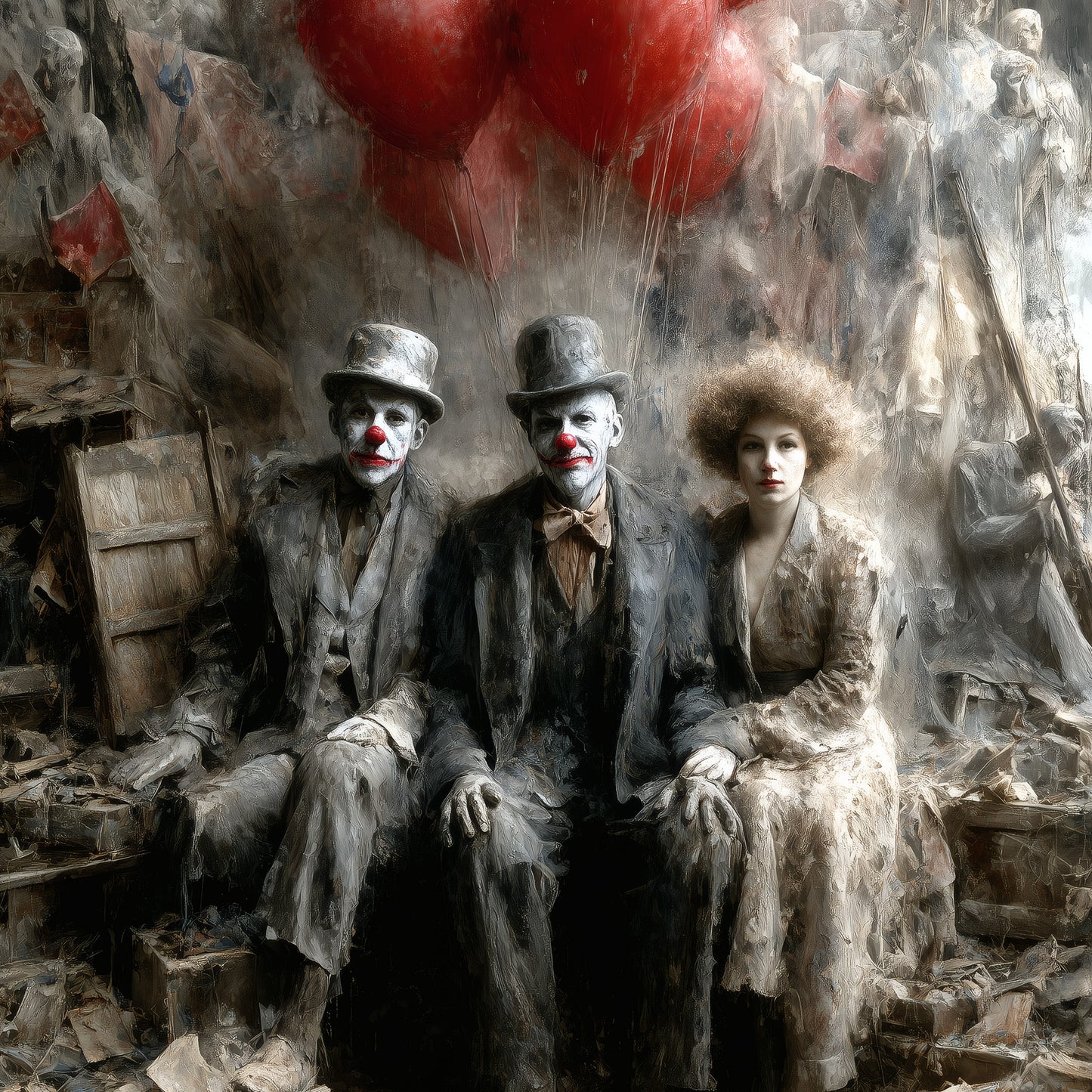 Haunting vintage circus wall art with creepy clowns holding red balloons in macabre destroyed scene