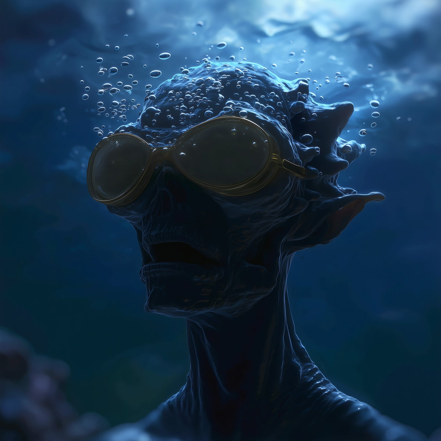 Surreal underwater portrait wall art with mysterious figure in deep blue ocean