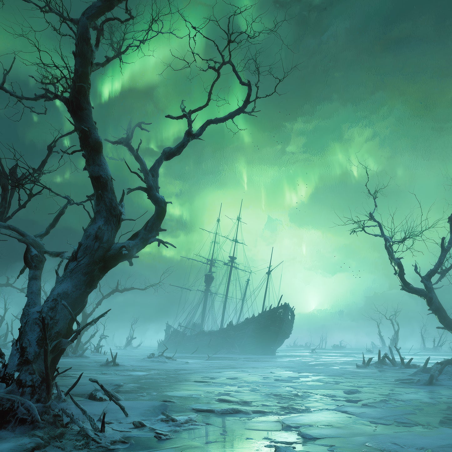 Dark fantasy nordic wall decor featuring abandoned viking ship surrounded by dead trees and ice