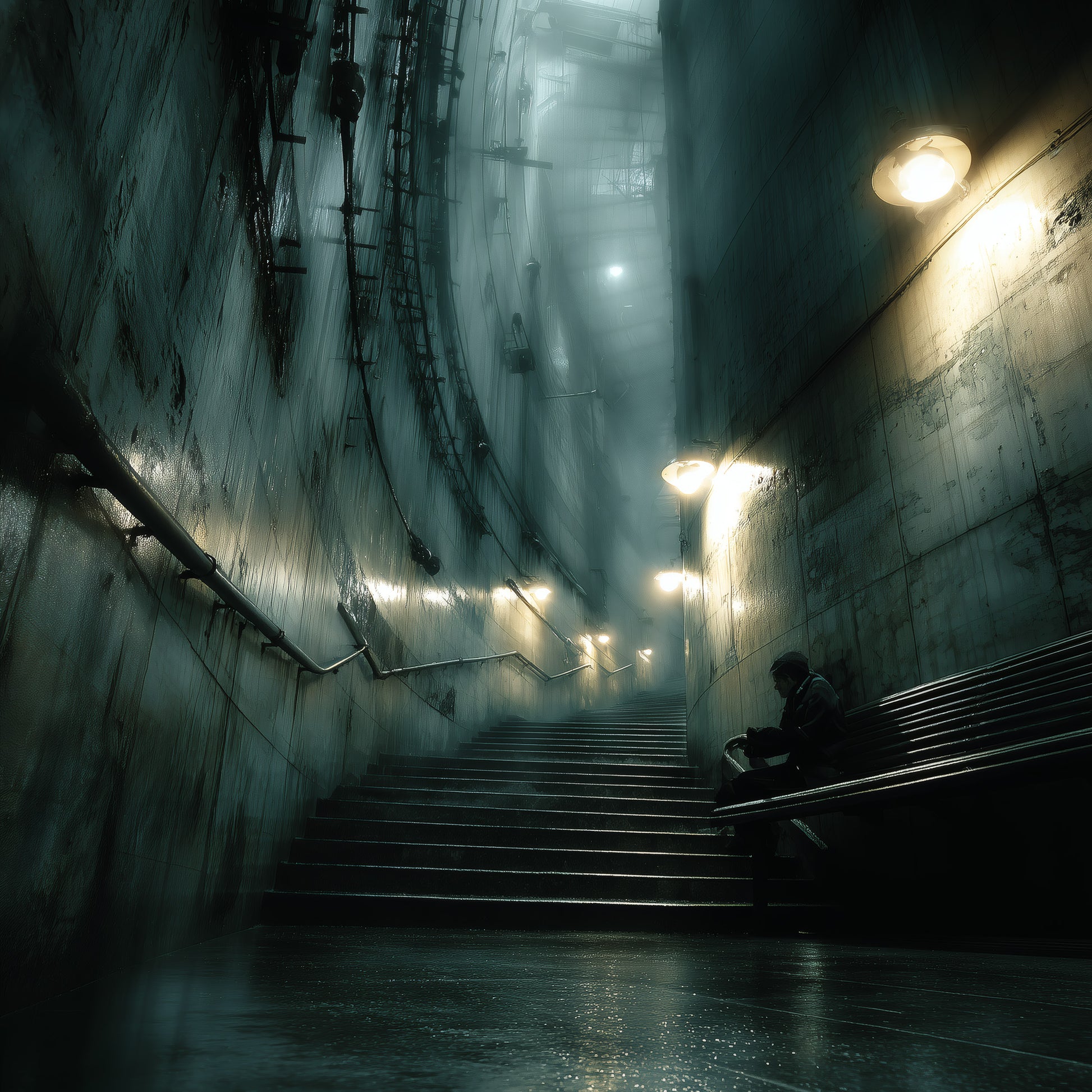 Atmospheric industrial stairway print featuring solitary person in dystopian underpass with dramatic lamp lighting
