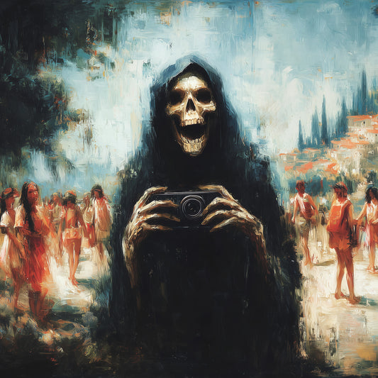 Grim reaper skeleton holding camera with beach tourists in background, dark humor wall art print with impressionistic painting style
