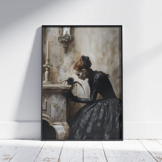A gothic woman in an ornate black Victorian dress interacts with a surreal black spider atop a baroque fireplace in a dimly lit, textured room.