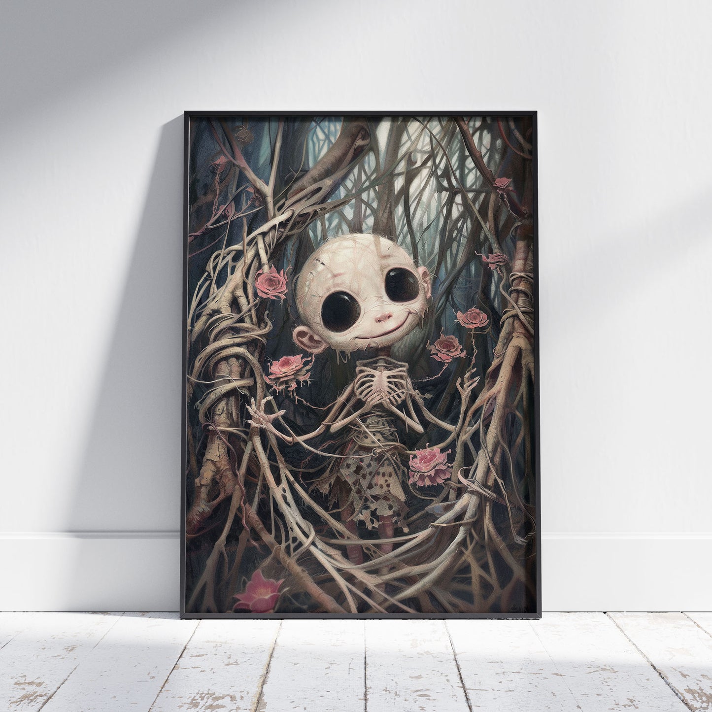 Creepy Cute Horror Doll Surrounded by Pink Roses Poster