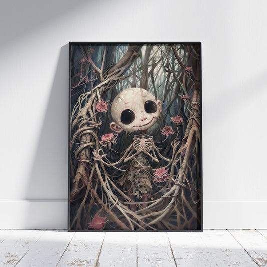 Creepy Cute Horror Doll Surrounded by Pink Roses Poster