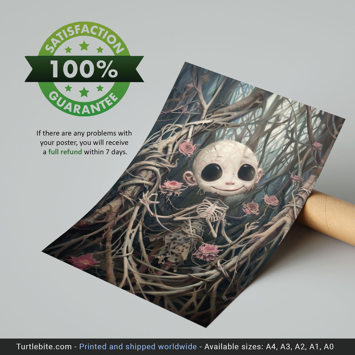 Creepy Cute Horror Doll Surrounded by Pink Roses Poster
