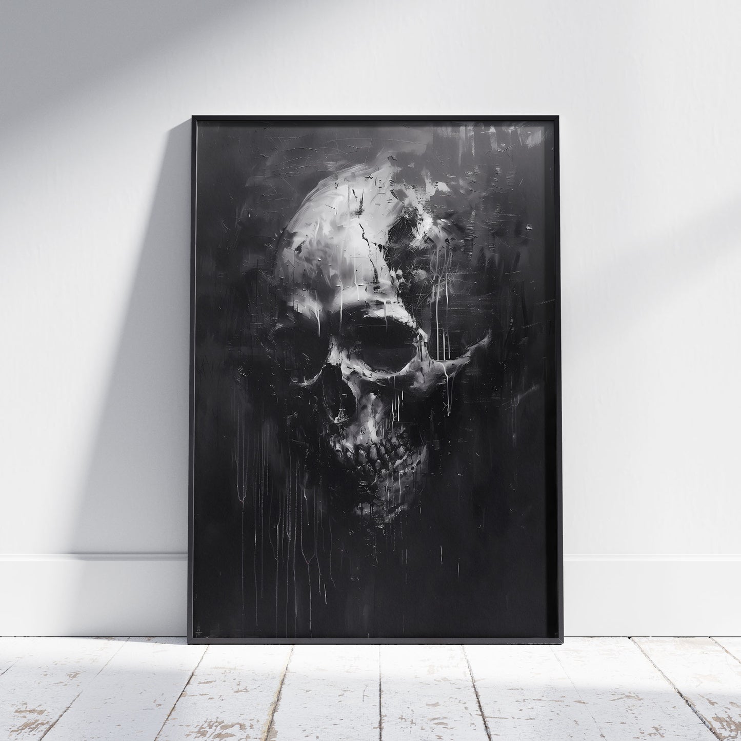 Black and White Skull Painting, Gothic Dark Aesthetic Wall Art