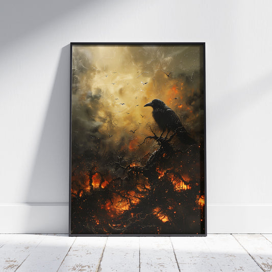 Black Crow in Burning Forest Poster, Creepy Wall Art