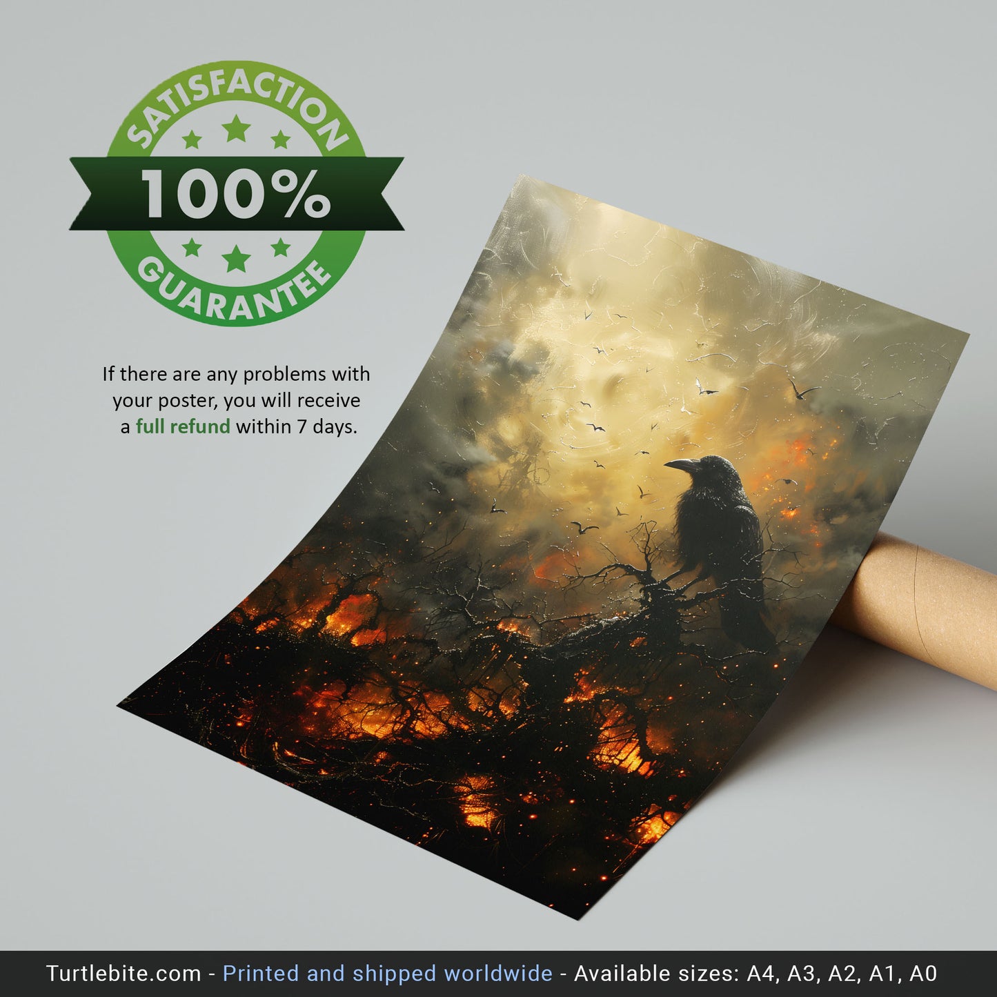 Black Crow in Burning Forest Poster, Creepy Wall Art
