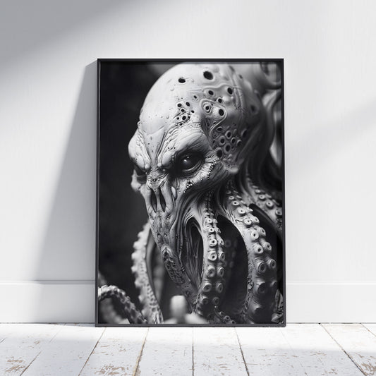 Creepy Octopus Head Poster - Black and White Monster Wall Art