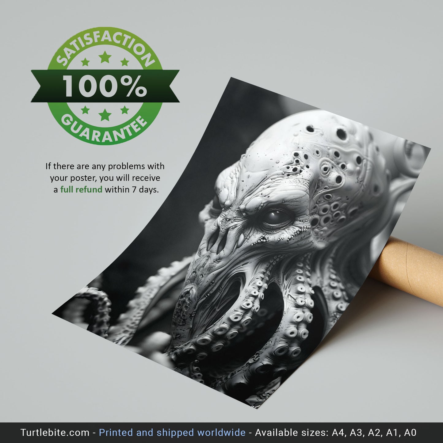 Creepy Octopus Head Poster - Black and White Monster Wall Art