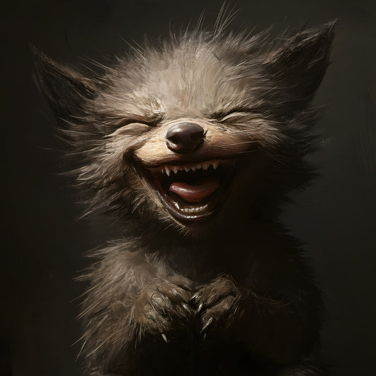 Baby werewolf with wild fur and toothy grin in dramatic gothic lighting portrait