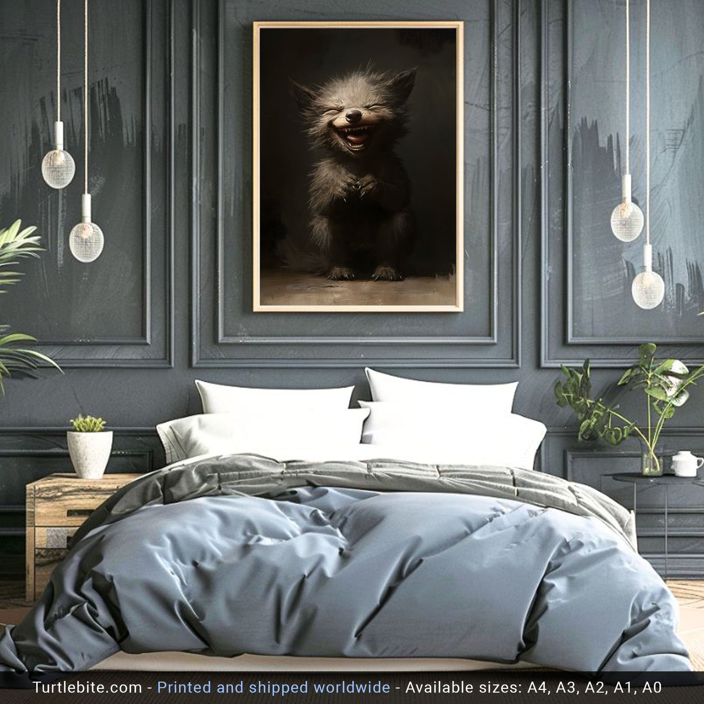 Gothic wall art featuring adorable disturbing werewolf creature in shadows