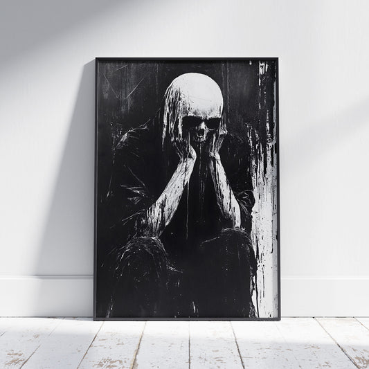 Analog Horror Skull Creature Poster - Black and White Dark Wall Art Painting
