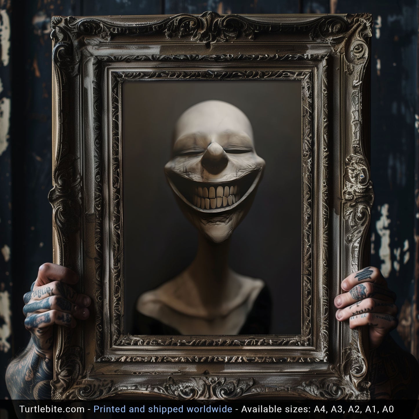 Bizarre Grinning White Head Poster, Dark Witchy Gothic Wall Art