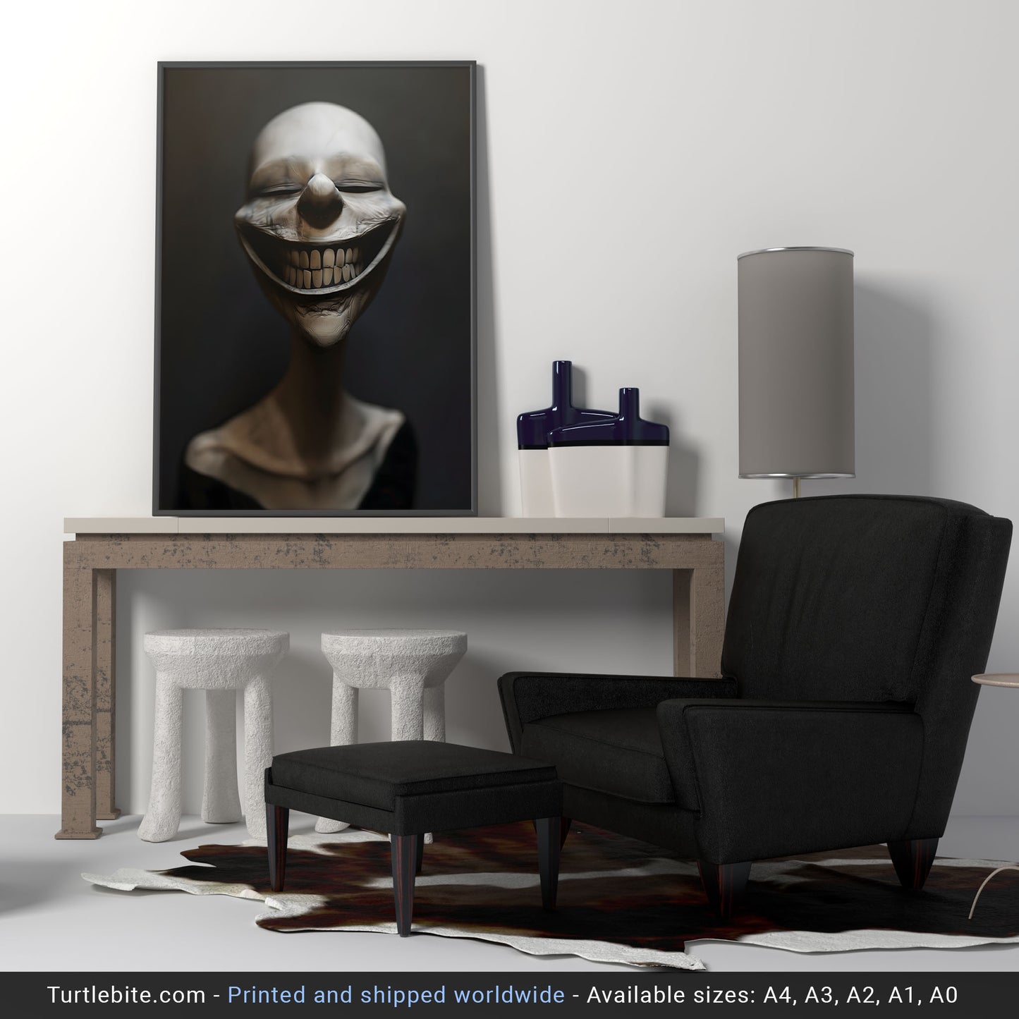 Bizarre Grinning White Head Poster, Dark Witchy Gothic Wall Art