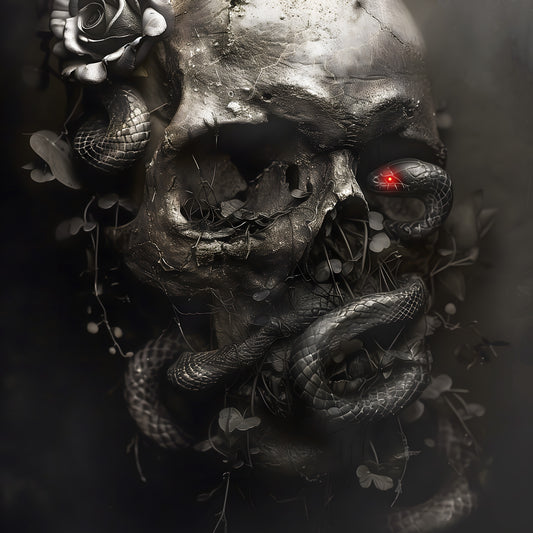 Black Snake and Skull Poster, Macabre Dark Art Print